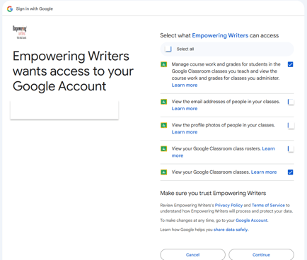 Google login permissions screen